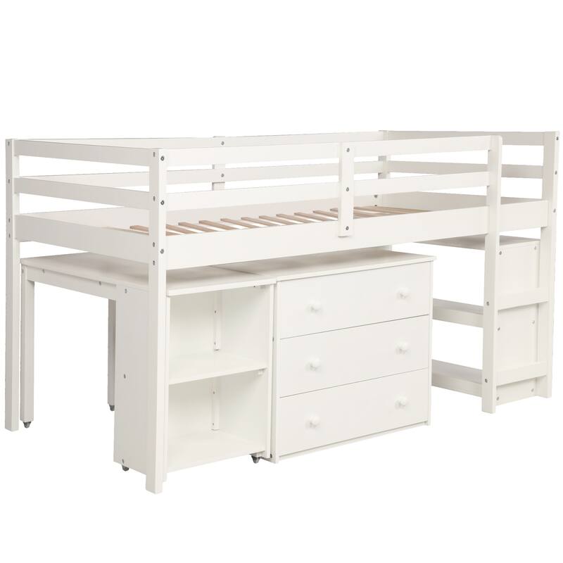 Multiple Functions Low Loft Bed with Cabinet, Shelves and Rolling Portable Desk