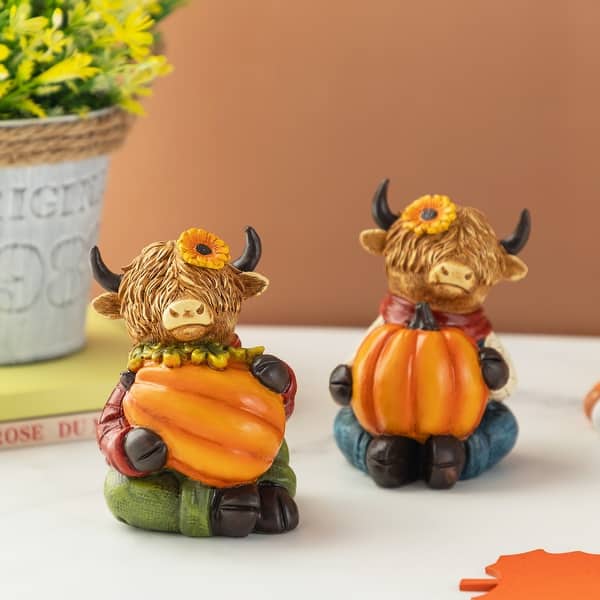 slide 2 of 9, Glitzhome 4.25"H Set of 2 Thanksgiving Resin Highland Cow Table Decor