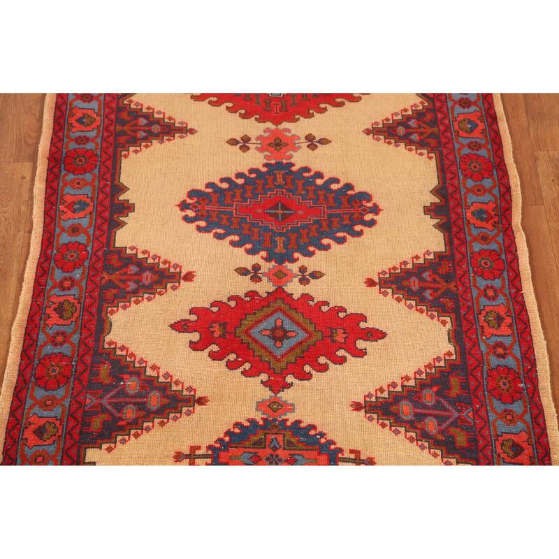 Hand Knotted Oriental 100% Wool Carpet Traditional Geometric Beige & Ivories Sarab Runner Rug - 9' 9'' X 3' 4''