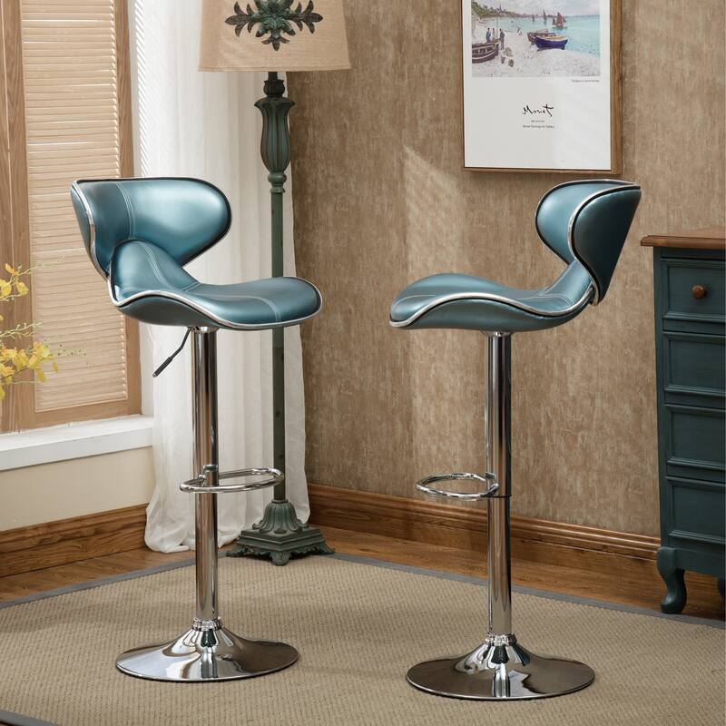 Modern Set of 2 Swivel Bar Stools with Leather Seat, Chrome Base, Height Adjustable, for Kitchen Island Dining Room - Blue