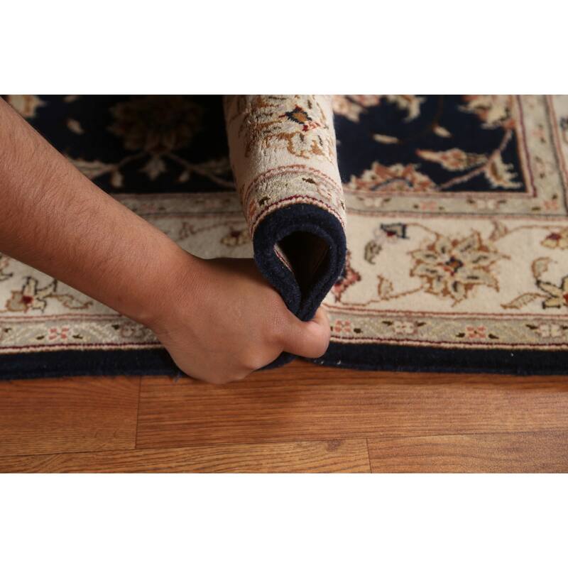 Hand Knotted Oriental Wool & Silk Carpet Traditional Floral Navy Blue & Blues Tabriz Area Rug - 4' 11'' X 3' 1''