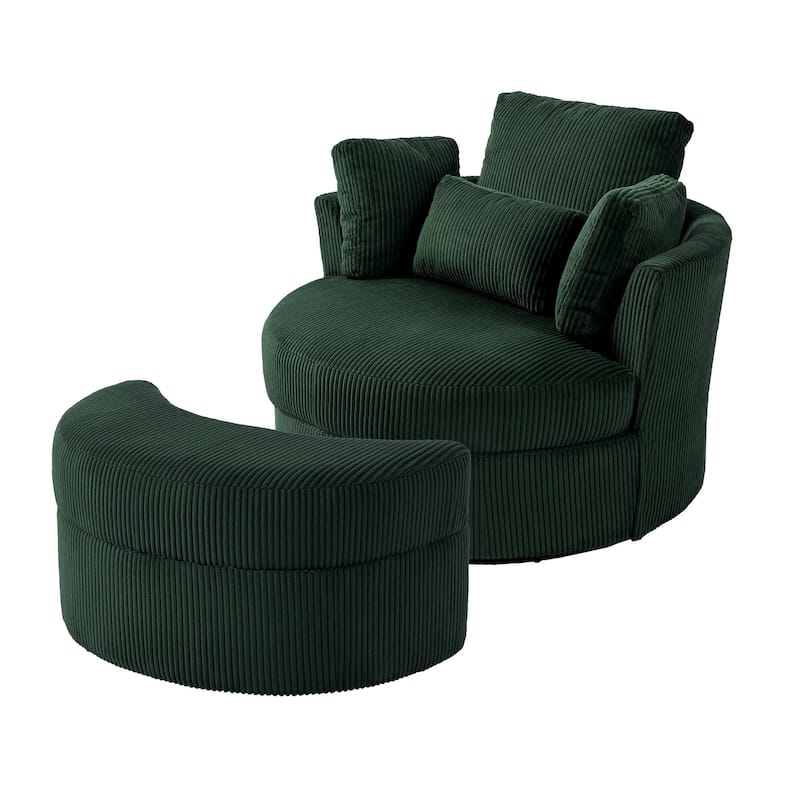 Upholstered Swivel Accent Chair with Wooden Tray Storage Ottoman
