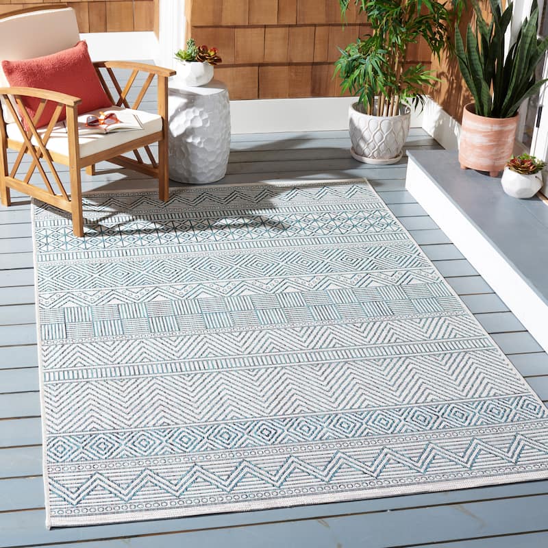 SAFAVIEH Courtyard Zorana Indoor/ Outdoor Waterproof Patio Backyard Rug - 4' x 5'7" - Ivory/Turquoise