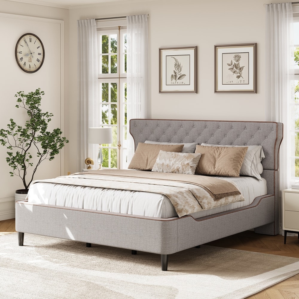 Christopher Knight Home - Aveline Modern Upholstered Platform Bed with Curved Back Headboard and Button Tufted Design