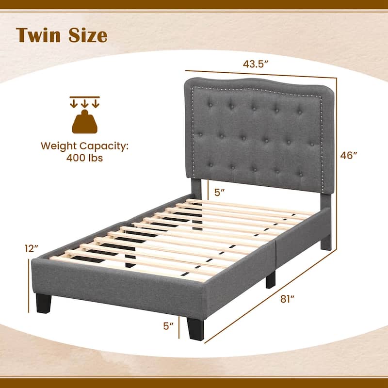 Twin Size Bed Frame Modern Linen Upholstered Platform Bed