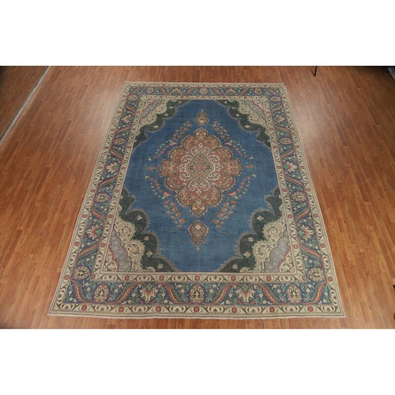 Blue Tabriz Persian Vintage Rug Handmade Wool Carpet - 9'7" x 13'0"