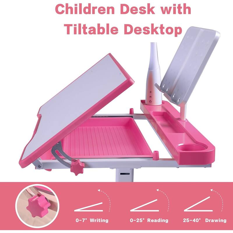 Adjustable Kids Desk and Chair Set with Tilt Desktop LED Lamp Storage Accessories Ergonomic Study - 15.0" x 15.0" x 21.3"-30"