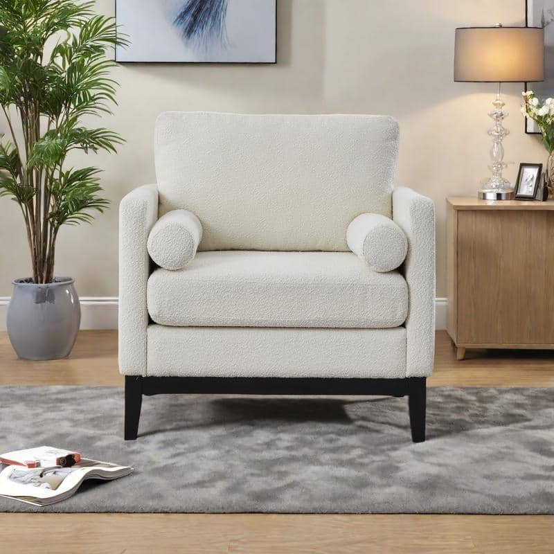 Boucle Modern Farmhouse Armchair with 2 Bolster Pillows and 300lb Capacity - Ivory