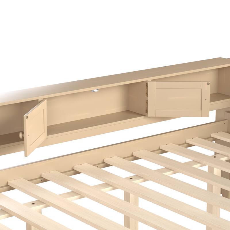 Full/Twin Daybed with Trundle & Storage Drawers - Wood Frame with Side Shelves and Desk