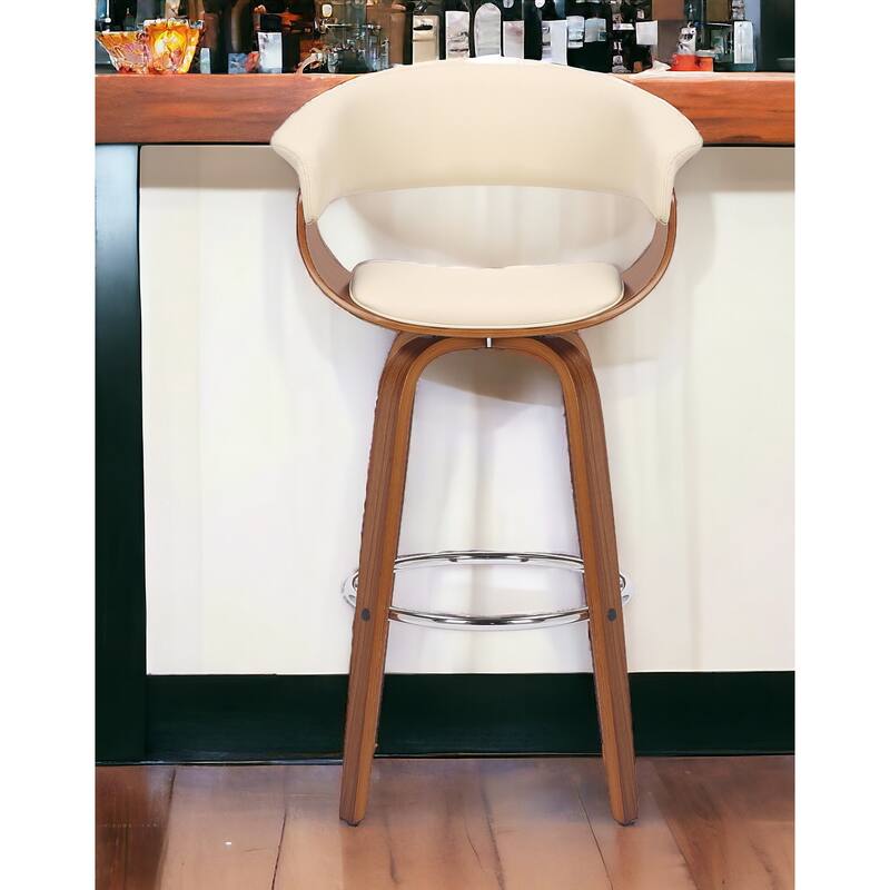 HomeRoots 27" Cream and Brown Faux Leather and Solid Wood Low Back Counter Height Swivel Bar Chair - Counter Height - Single - Cream