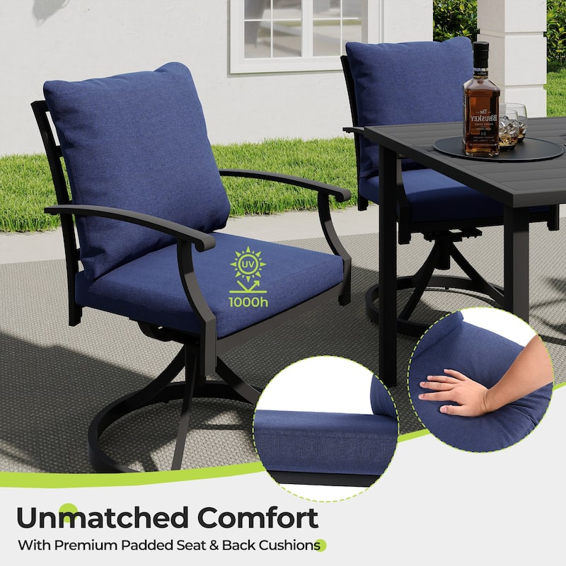 IvyGlow 5-Piece Black Metal Patio Dining Set with Square Table, 2 Swivel Dining Chairs and Gray Cushions