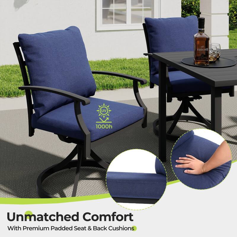 IvyGlow 5-Piece Black Metal Patio Dining Set with Square Table, 4 Swivel Dining Chairs and Gray Cushions