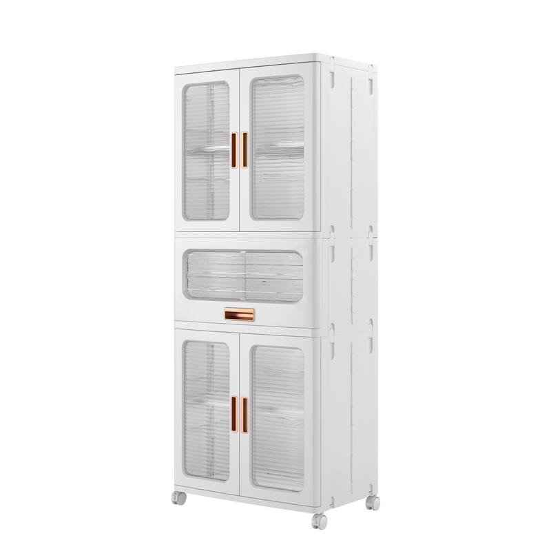 Javlergo 5-Tier Rolling Storage Cabinet White Plastic Wardrobe with Transparent Doors Locking Wheels & Drawer for Bedroom Closet