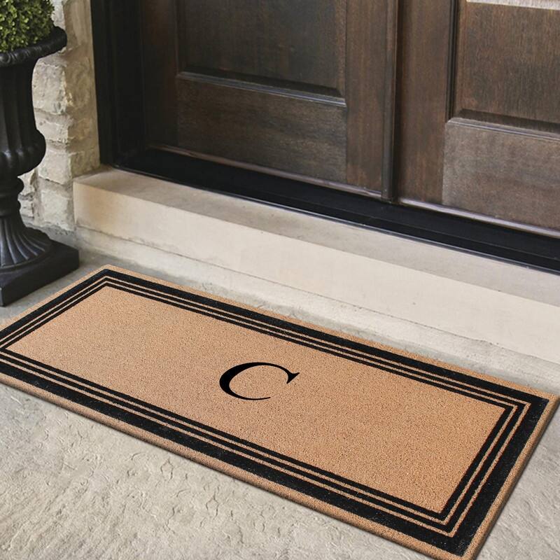 A1HC Natural Coir Monogrammed Flock Anti shed Treated Durable Doormat BlackBeige