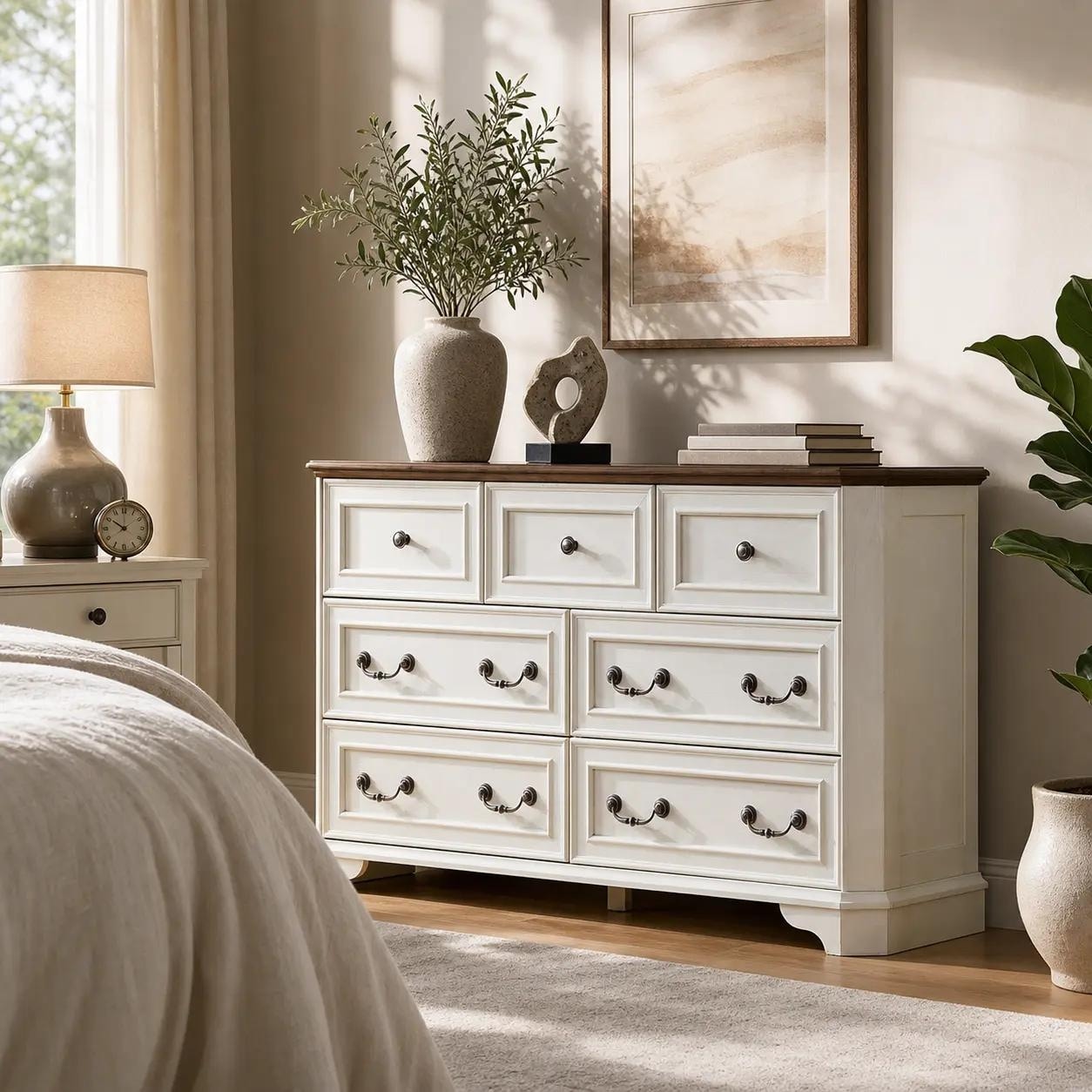 Farmhouse 7 Drawers Dresser, Wood Rustic Chest of Drawers for Bedroom