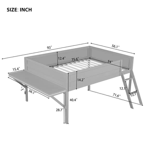 Wood Full Size Loft Bed with Desk and LED, Wooden Loft Bed Frame with Angled Ladder, No Box Spring Needed for Kids