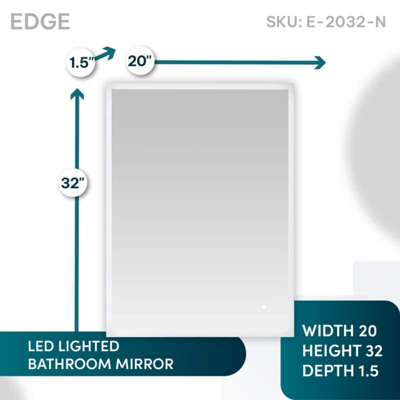AQUADOM Edge 20" Led Lighted Mirror for Bathroom with Defogger, Touch Control. - 20"x32"x1.5"