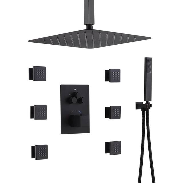 12" Ceiling Rainfall 3 Way Thermostatic Faucet Shower System w/6 Body Jets - Oil Rubbed Bronze