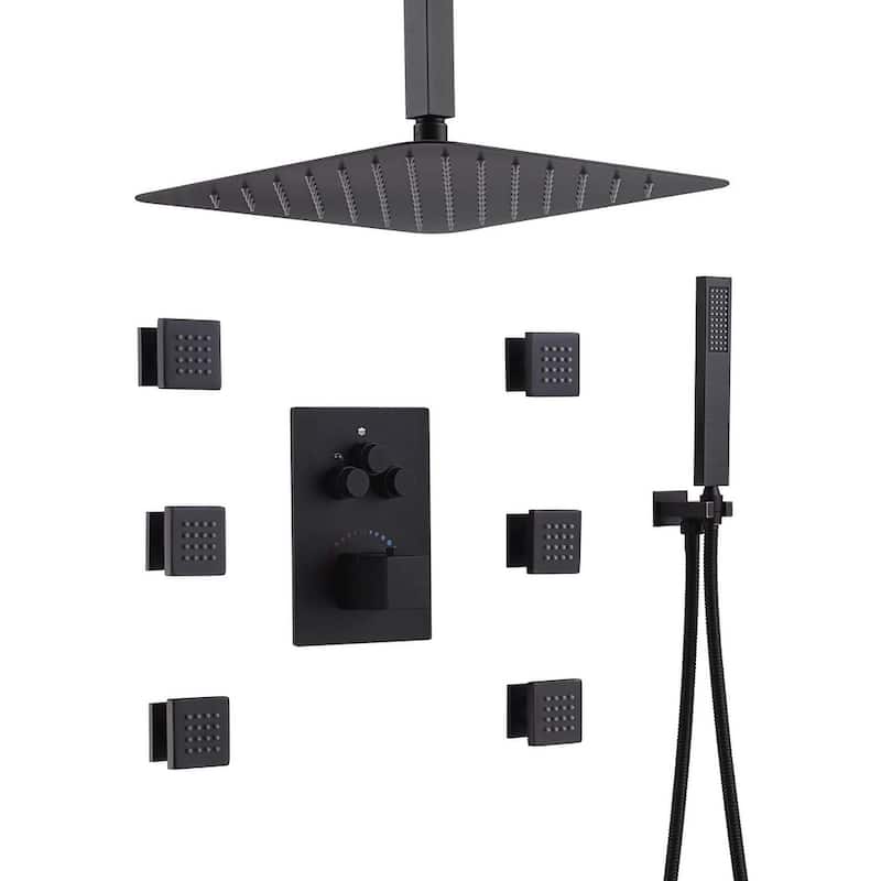 12" Ceiling Rainfall 3 Way Thermostatic Faucet Shower System w/6 Body Jets - Oil Rubbed Bronze