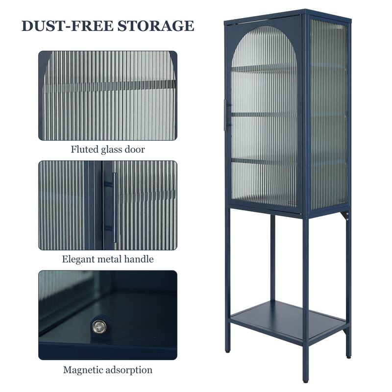 Tempered Glass High Cabinet with Arched Door Adjustable Shelves and Feet Anti-Tip Dust-free Fluted Glass Kitchen Credenza