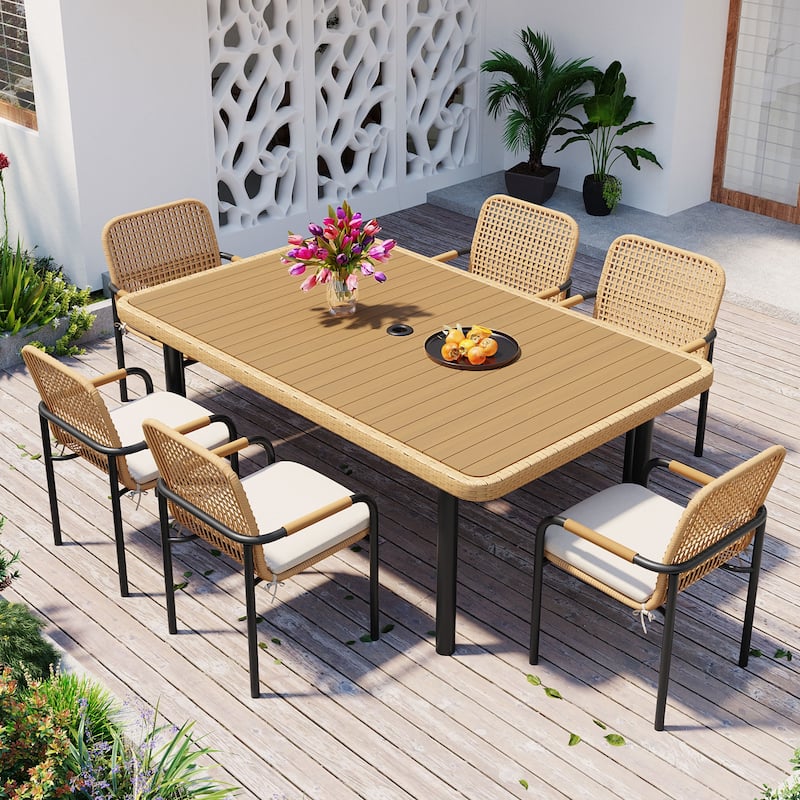 7 Piece Outdoor Wicker Dining Set with Plastic Wood Table Top and Removable Cushions for Patio Use - Natural&Beige