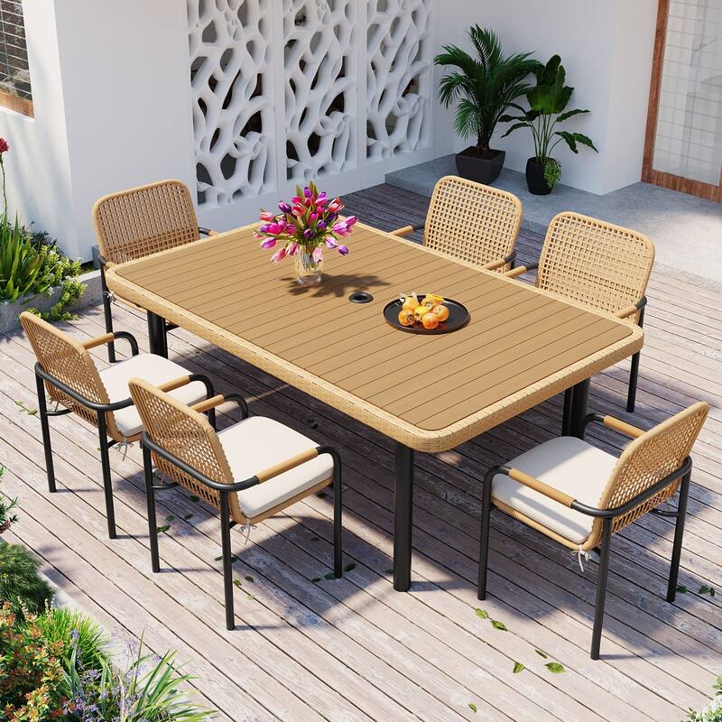 7 Pieces Patio Dining Set, Outdoor Wicker Furniture Set wPlastic-Wood Table Top Rectangular Dining Table & Umbrella Hole - Beige