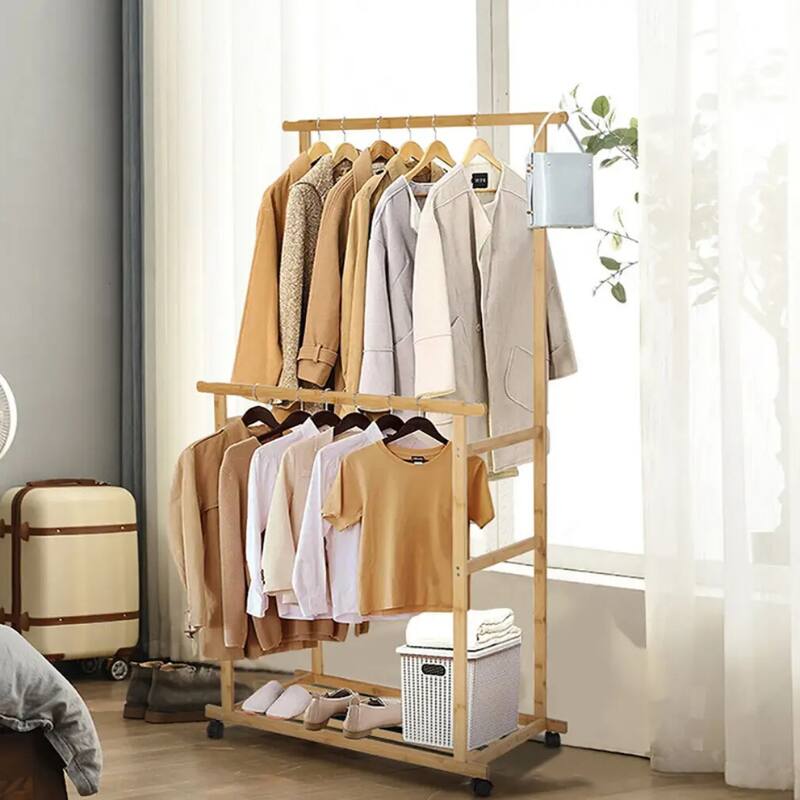 Clothes Rail Rack with Wheels and Wicker Storage Shelves - 31.5” x 15.7” x 63”