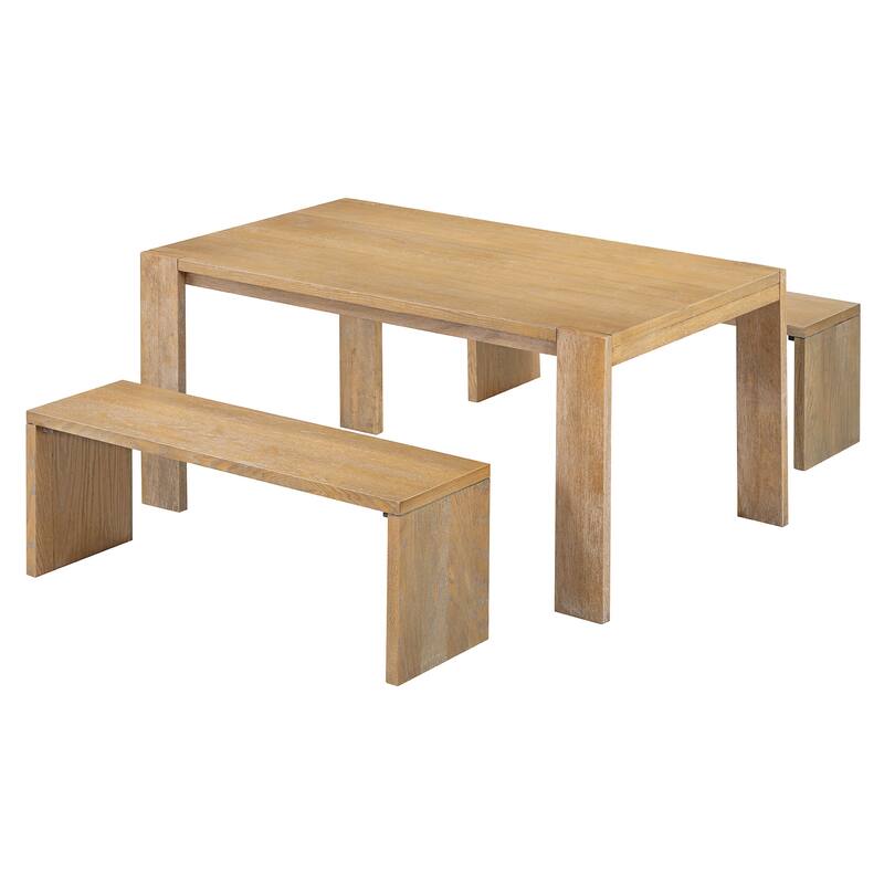 3-piece Farmhouse Style Simple Dining Set, Dining Table and 2 Benches, for Dining Room, Kitchen and Living Room (Natural