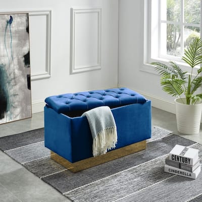 Navy Blue Button-Tufted Storage Ottoman With Gold Base