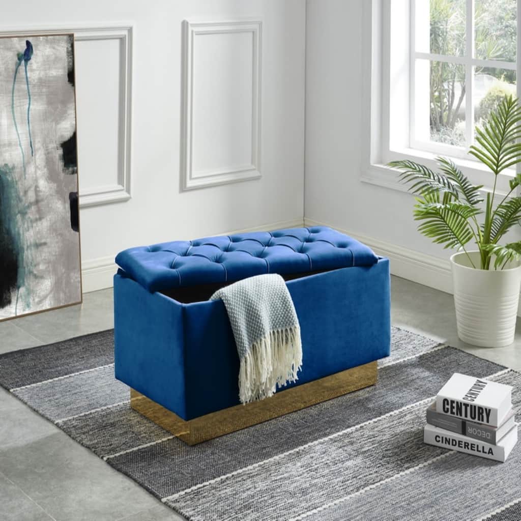 Navy Blue Button-Tufted Storage Ottoman With Gold Base