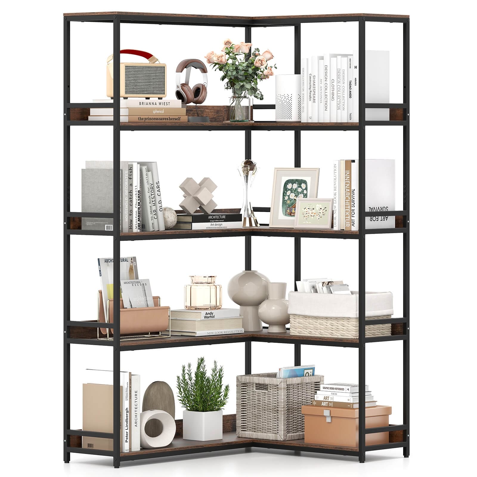 Costway Corner Bookshelf 5-Tier L-Shaped Bookcase 71" Tall Etagere - See Details