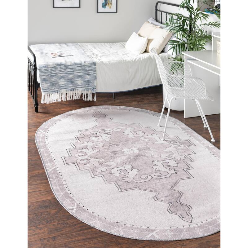 Traditional Rine Collection Area Rug - 4'x6' Oval - White-Gray
