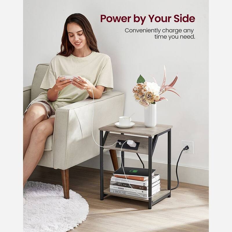Rustic Brown Wood End Table with Charging Station, Storage Shelf, and USB Ports - 11.8”D x 15.2”W x 18.9”H
