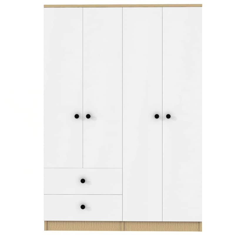 Wooden Bedroom Wardrobe with Hanging Rods & Drawers, 4-Door Armoire Closet Storage Cabinet for Home Organization, White+Natural