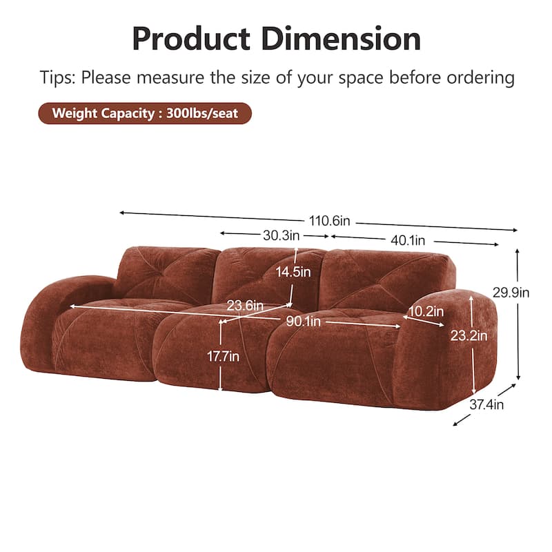 Roomfitters 114 Inch Modular Floor Sofa, Fluffy Plush Sectional with Ottoman, Chocolate