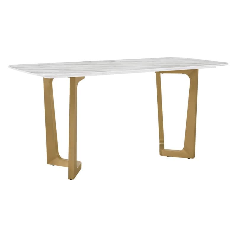 Spruce & Spring Modern Minimalist 63" Jazz White Marble Dining Table with Champagne Stainless Steel Base