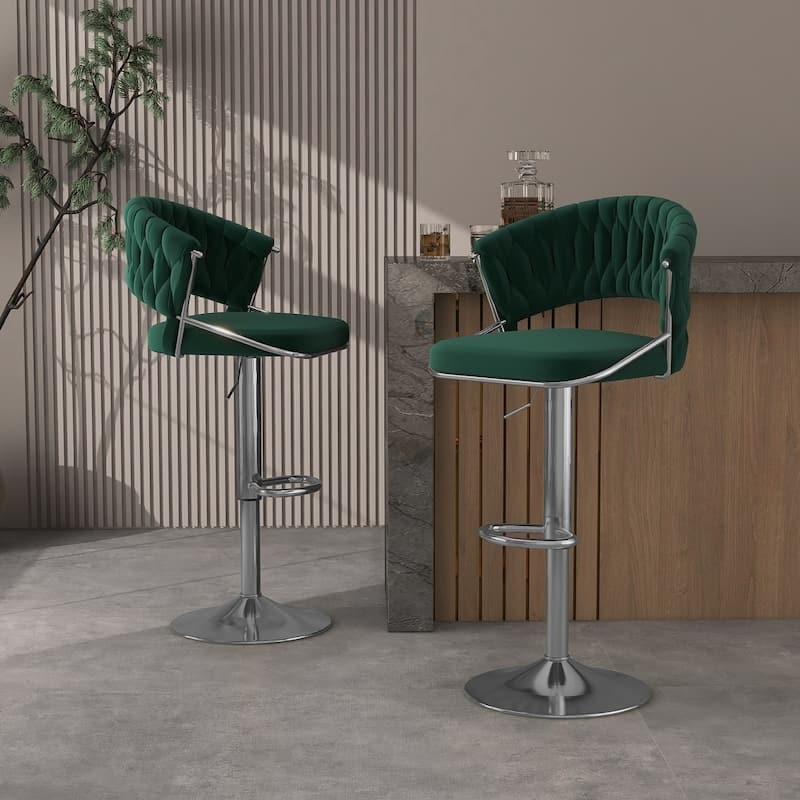 2/4 Set Velvet Adjustable Counter Stools Swivel Bar Stools With Backs - 24"-33" - Set of 2 - Dark Green-Sliver