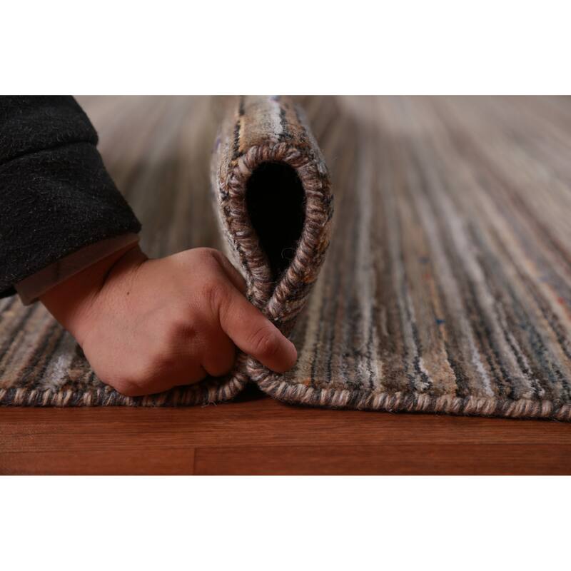 Striped Gabbeh Indian Area Rug Handmade Brown Wool Carpet - 8'0" x 9'8"