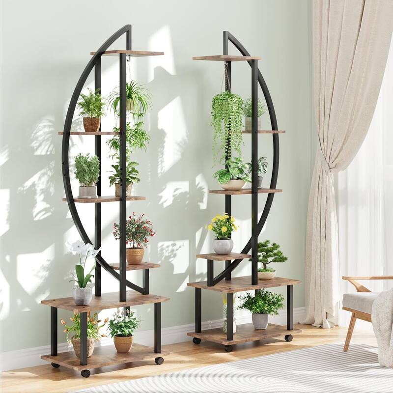 6-Tier Indoor Metal Plant Stand with Removable Wheels, Half Moon Shaped Plant Stand with Drawer, 2-Pack, Brown - Brown