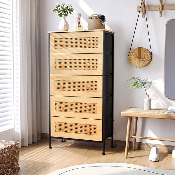 5-Drawer Closet Dresser Chest PE Rattan Storage Tower Organizer Cabinet