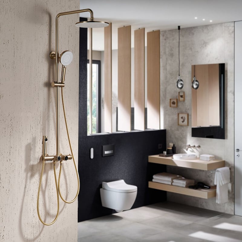 4-Function Thermostatic Rainfall Shower System with Rough-In Valve, Rain Mixer Shower Combo Set - Brushed Gold