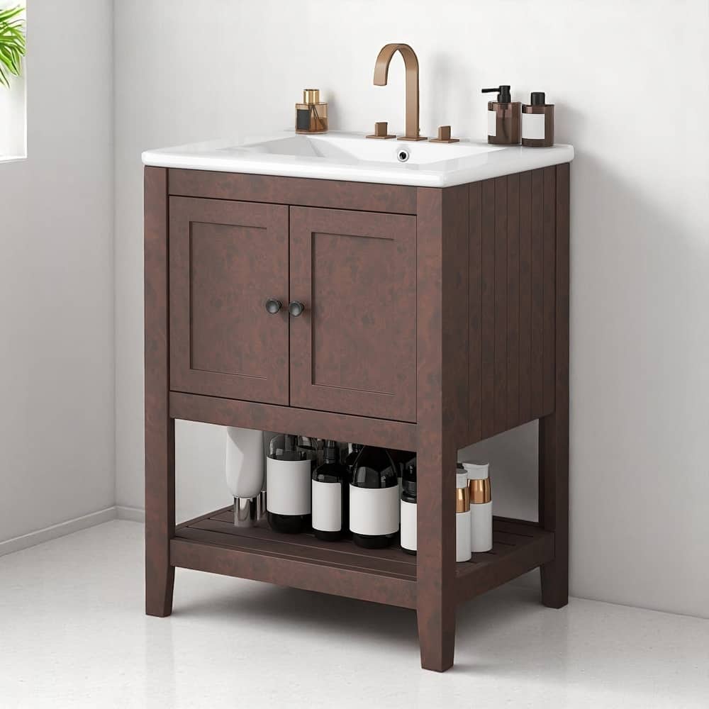 24" Bathroom Vanity with Ceramic Sink, Solid Wood Frame & Open Shelf, Freestanding Modern Cabinet