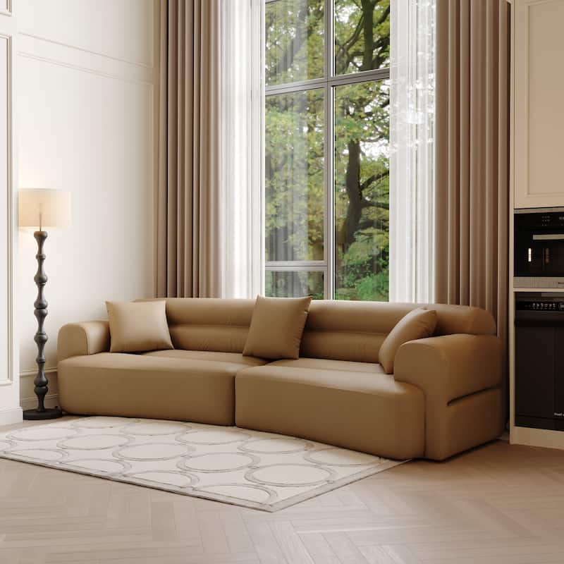 Modern Curved Fabric Sofa Couch for Living Room, 110" Wide 3-Seater Sectional in Brown Upholstery with Plush Cushions