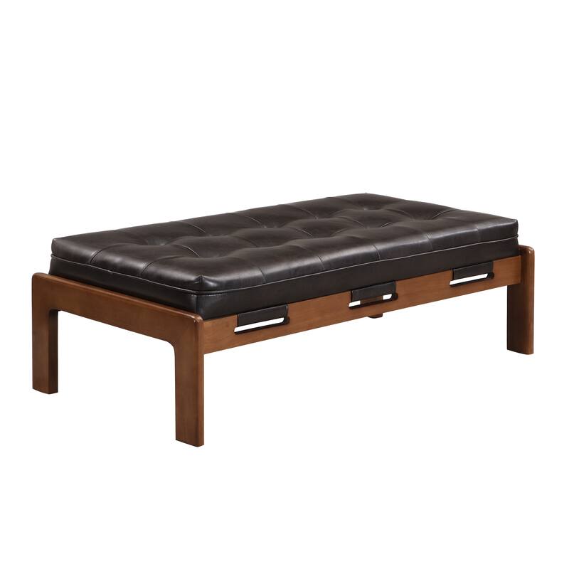 Christopher Knight Home - 48.4" Rectangle Tufted Upholstered Cocktail, Leather Ottoman Coffee Table with Rubber Wood Frame