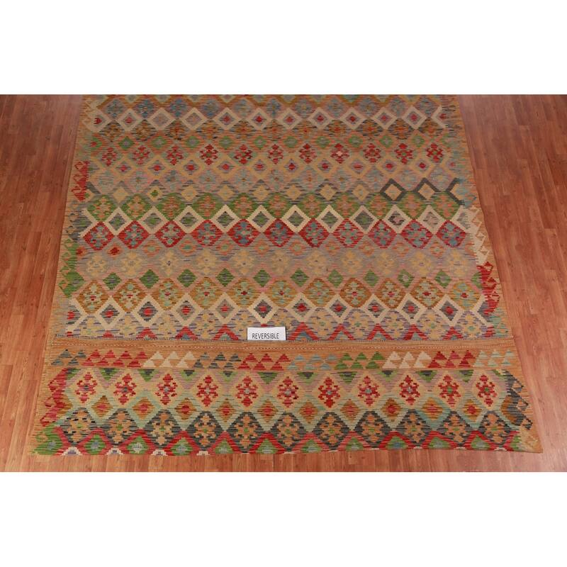 Geometric Kilim Oriental Large Rug Multi-Color Flatweave Wool Carpet - 10'3"x 15'10"