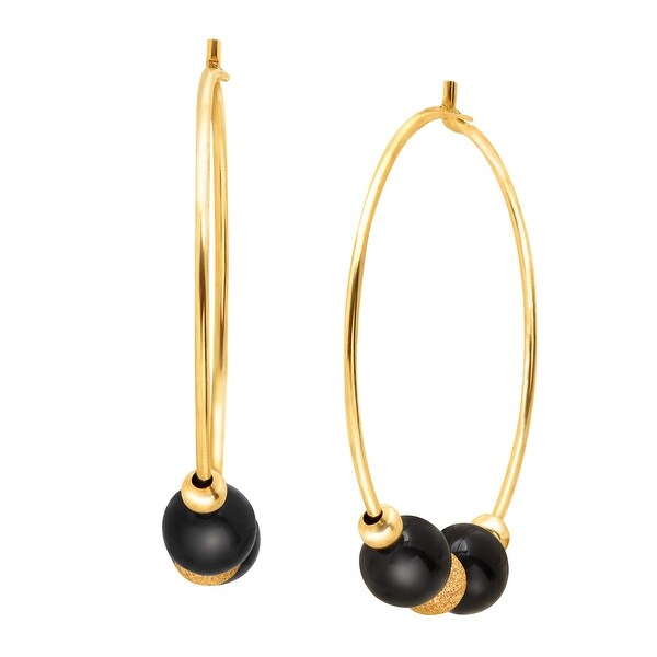 Natural Onyx Bead Hoop Earrings in 14K Gold