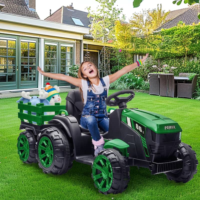 Kids Ride On Tractor with Trailer, 12V Battery Powered Electric