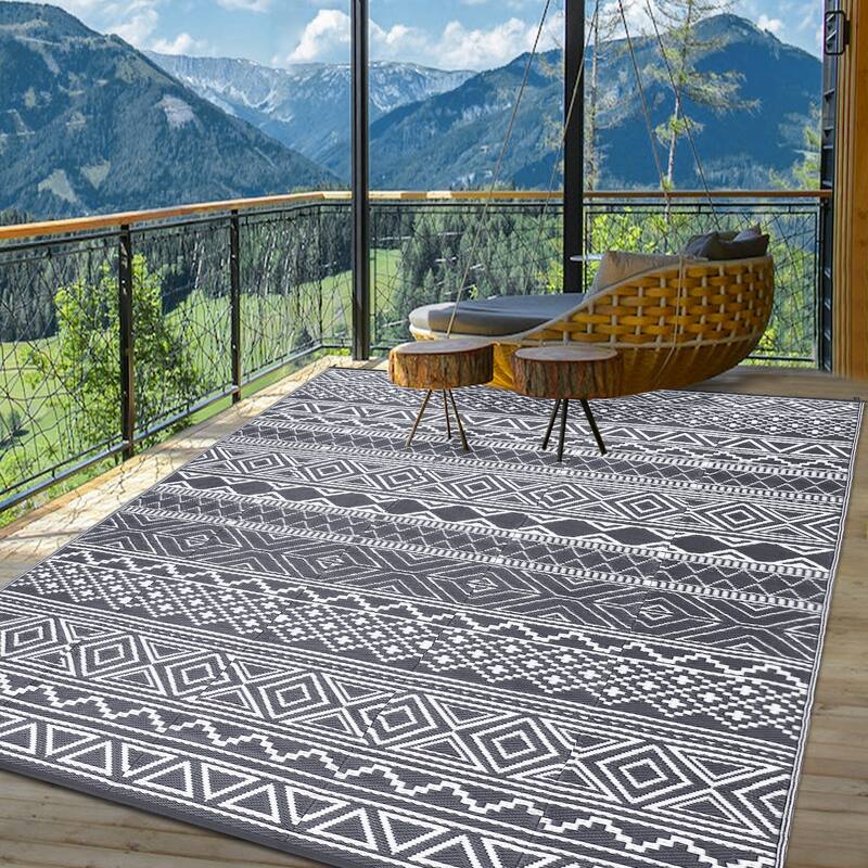 Outdoor Rug Waterproof Patio Rug Mat Geometric Rug Plastic Straw Outside Rug for RV Camping Picnic Reversible Rug - 6'x9' - Gray White