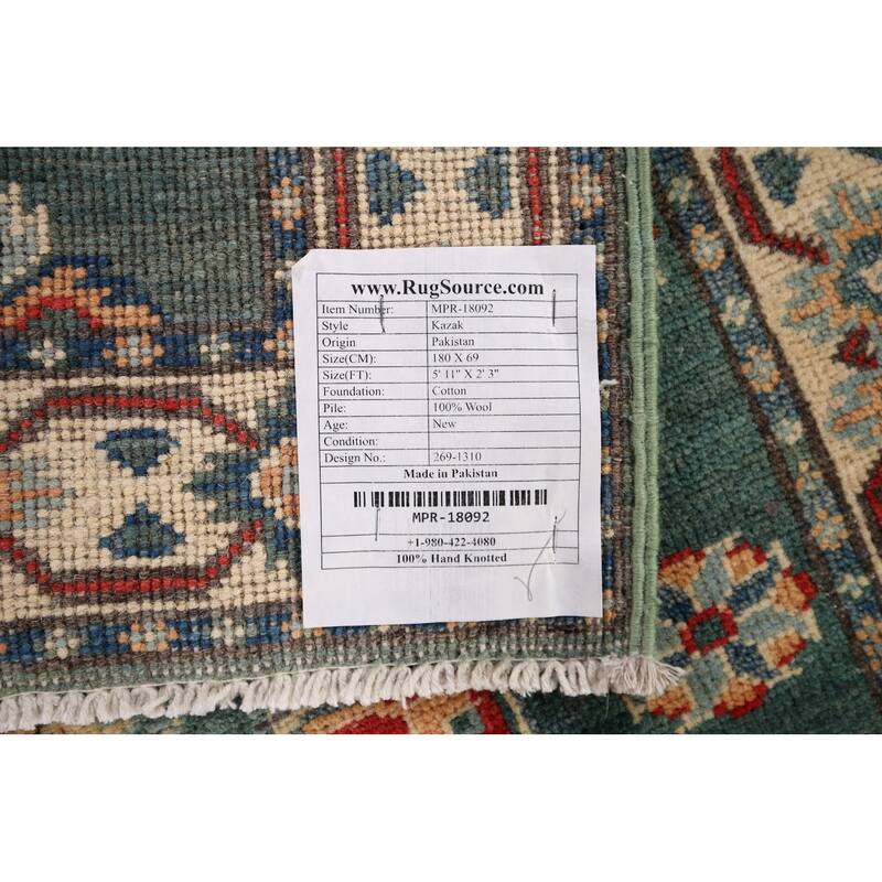 Geometric Green Kazak Oriental Runner Rug Hand-Knotted Wool Carpet - 2'3" x 5'11"