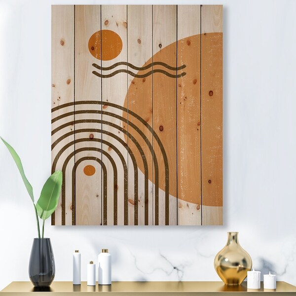 Designart 'Abstract Rainbow Sun and Moon In Earth Tones II' Modern Print on Natural Pine Wood. Opens flyout.
